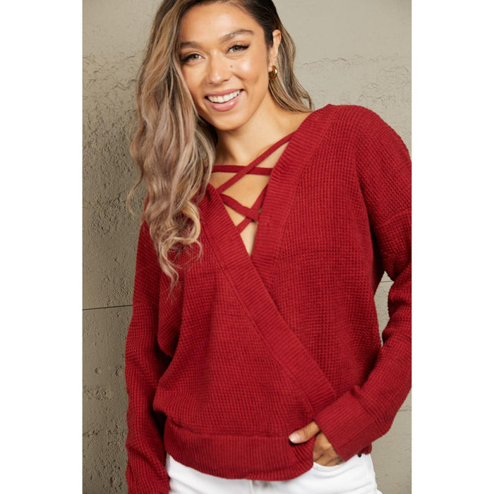 Crisscross Back Waffle-Knit Sweater