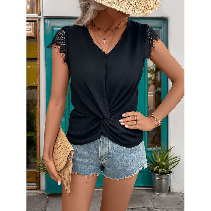 Lace Detail V-Neck Cap Sleeve T-Shirt