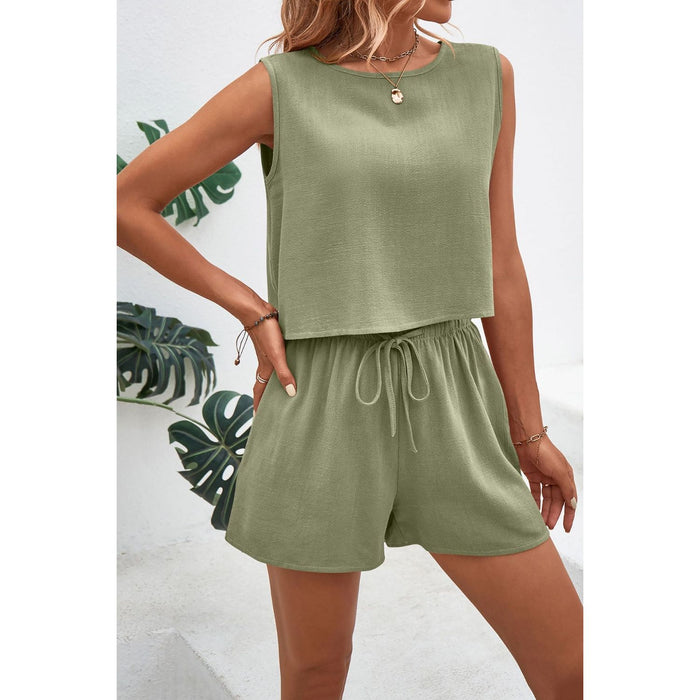 Round Neck Top and Drawstring Shorts Set