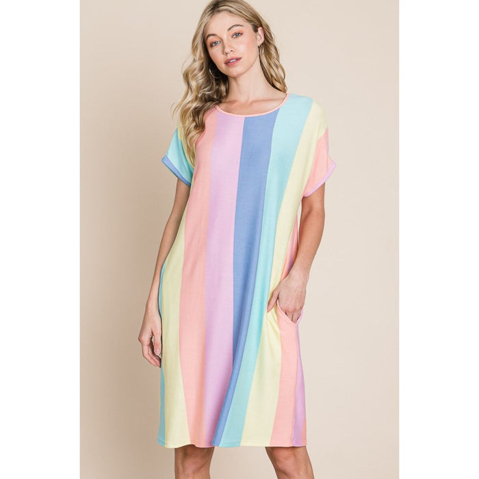 BOMBOM Striped Short Sleeve Dress with Pockets