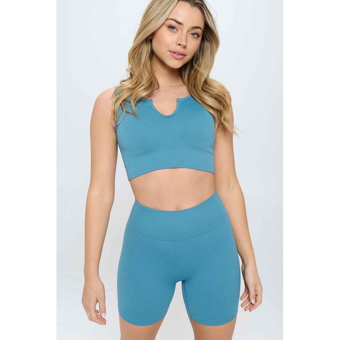 2 piece Seamless Ribbed Tank Top  Biker Shorts Set