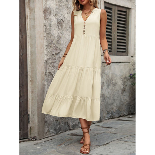 Decorative Button Notched Sleeveless Dress