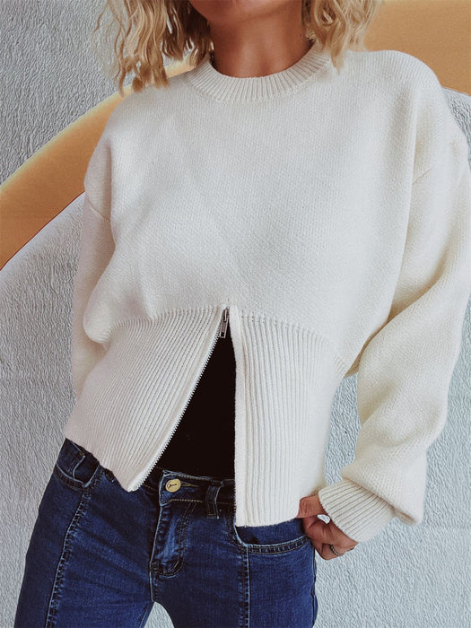 Round Neck Half Zip Long Sleeve Sweater