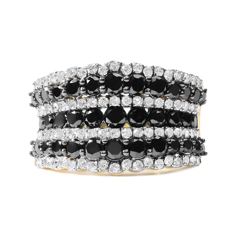 Bids.com 14K Yellow Gold Plated .925 Sterling Silver 1 3/4 Cttw Treated Black and White Alternating Diamond Multi Row Band Ring (Black / I-J Color, I2-I3 Clarity) - Size 7 Rings