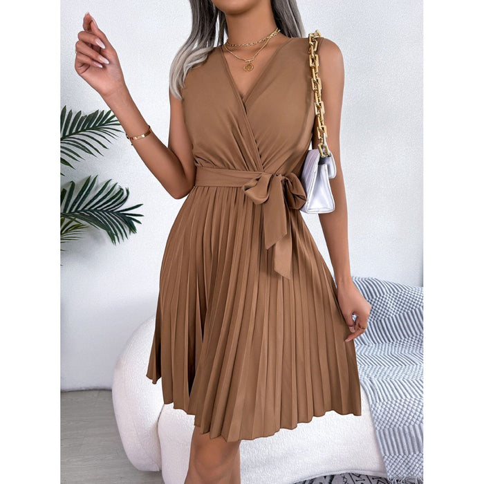 Tied Surplice Sleeveless Pleated Dress