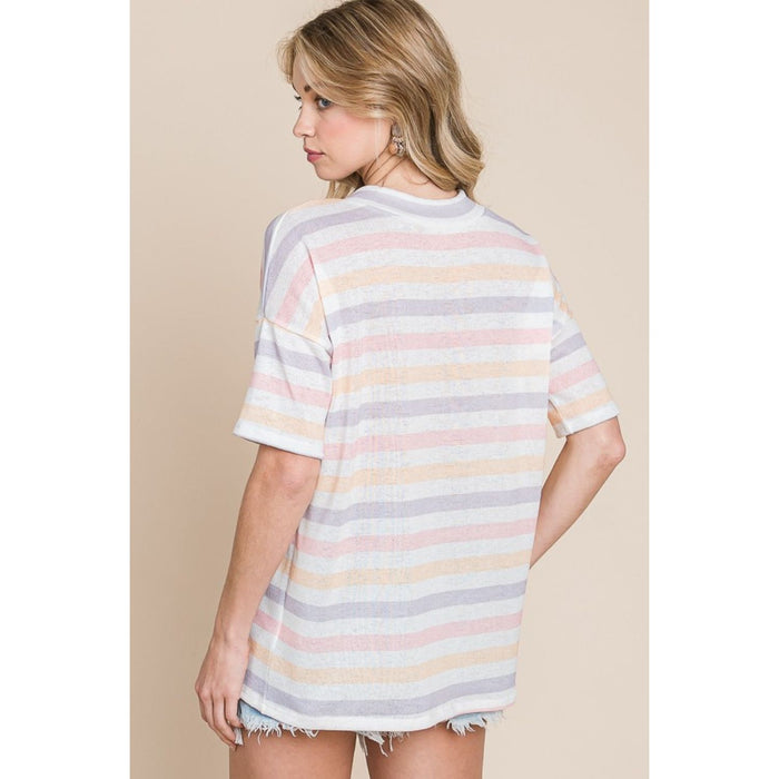 BOMBOM Striped V-Neck Short Sleeve T-Shirt