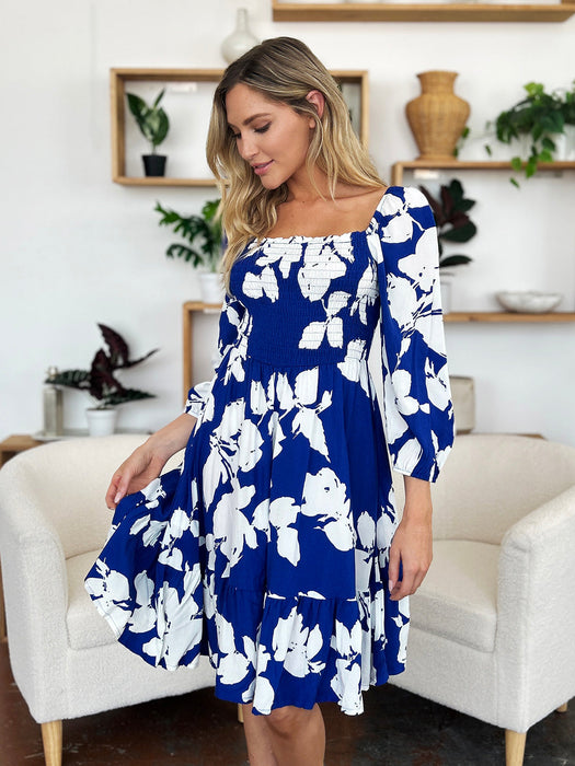 Floral Ruffle Hem Smocked Dress in Royal Blue