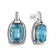 Bids.com .925 Sterling Silver 14x10MM Cushion Cut Blue Topaz Gemstone and Diamond Accent Dangle Earring (I-J Color, I1-I2 Clarity) Earrings