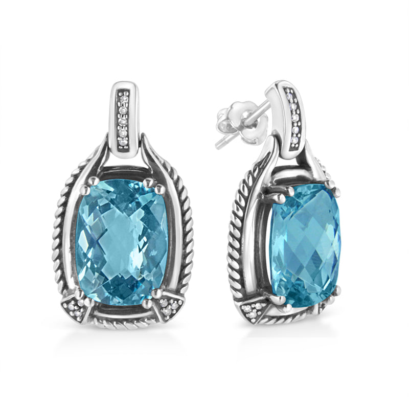 Bids.com .925 Sterling Silver 14x10MM Cushion Cut Blue Topaz Gemstone and Diamond Accent Dangle Earring (I-J Color, I1-I2 Clarity) Earrings