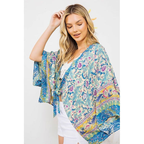 Light Woven Squared Open Kimono Cardigan With Tie