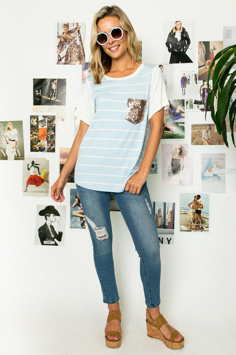 Big Stripe Sequins Pocket Boxy Top