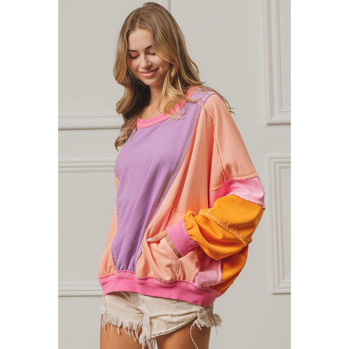 Color Block Exposed Seam Sweatshirt with Pockets