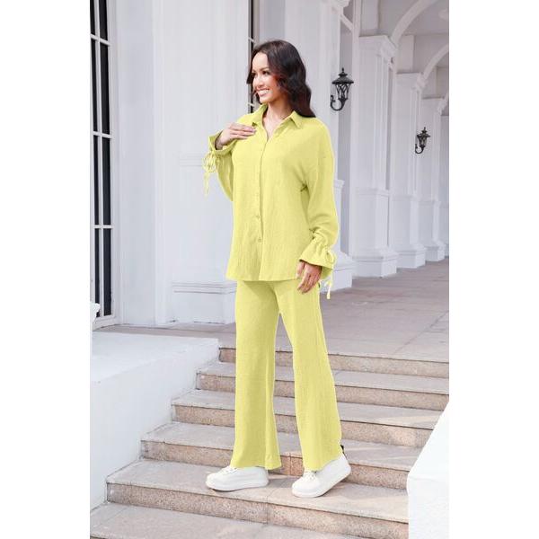 Drawstring Flounce Sleeve Shirt and Pants Set