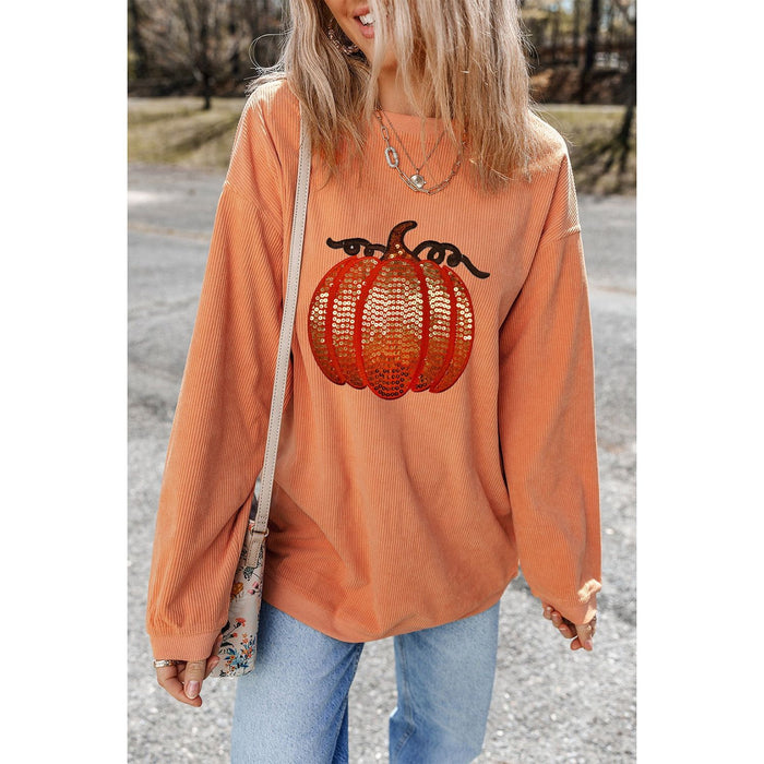 Sequin Pumpkin Round Neck Long Sleeve Sweatshirt