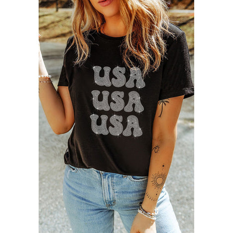 USA Rhinestone Round Neck Short Sleeve T-Shirt