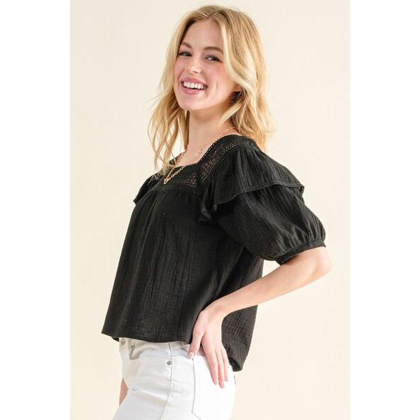 And The Why Square Neck Cotton Gauze Ruffled Blouse