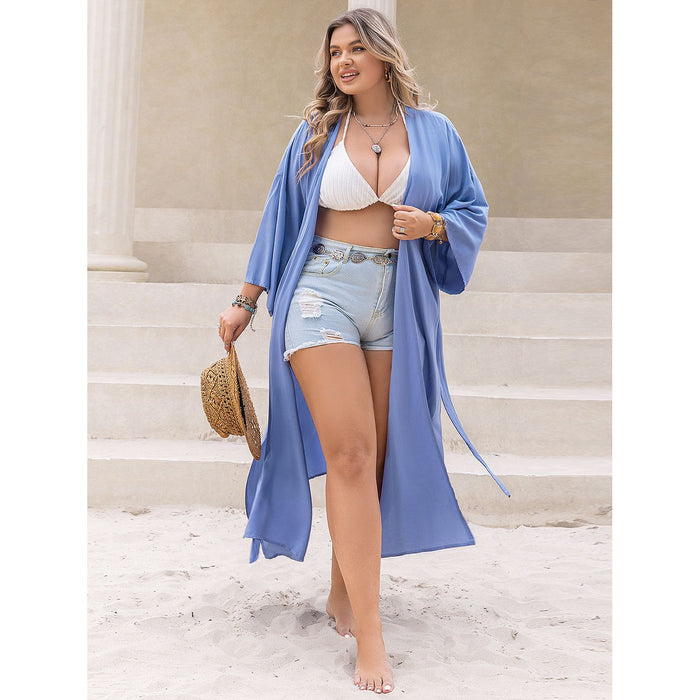 Plus Size Embroidered Tied Open Front Cover Up