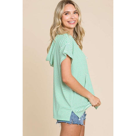 Striped Short Sleeve Hooded Top