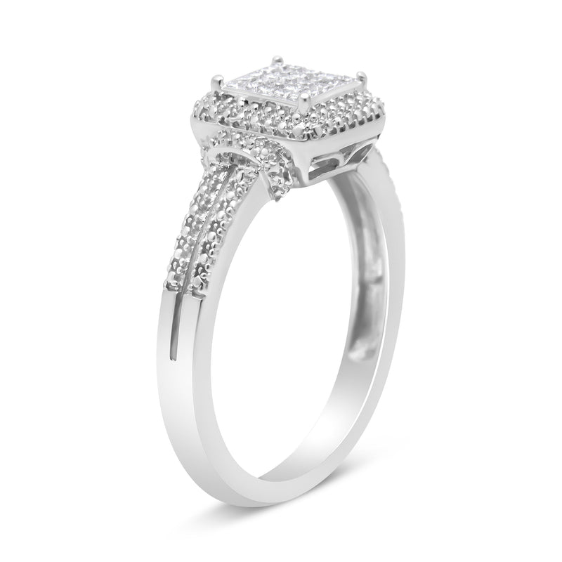 Bids.com .925 Sterling Silver 1/4 Cttw Princess-cut Diamond Composite Ring with Beaded Halo (H-I Color, SI1-SI2 Clarity) - Size 7 Rings