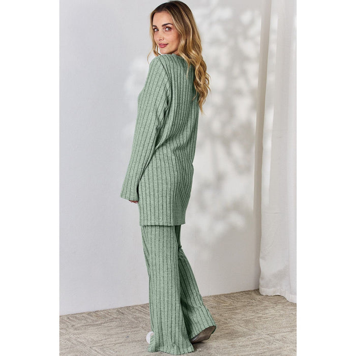 Basic Bae Ribbed High-Low Top and Wide Leg Pants Set