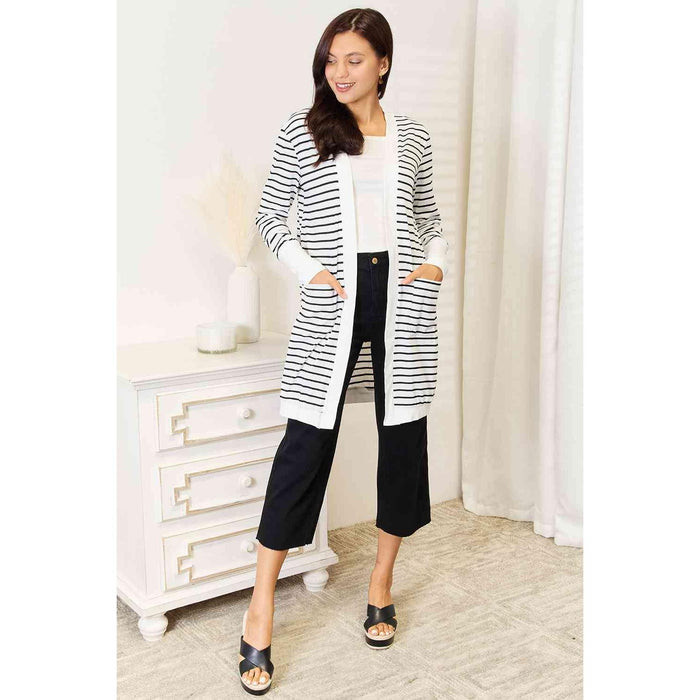 Double Take Striped Open Front Longline Cardigan