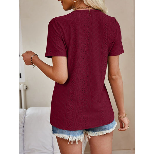 Eyelet V-Neck Short Sleeve Top