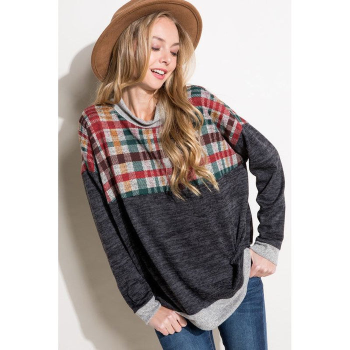 SOLID PLAID MOCK NECK TOP