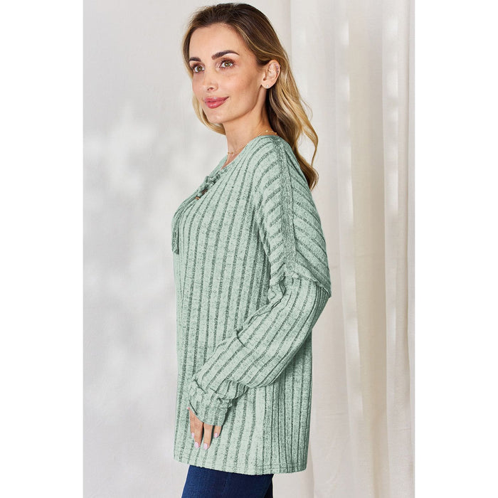 Basic Bae Ribbed Half Button Long Sleeve T-Shirt