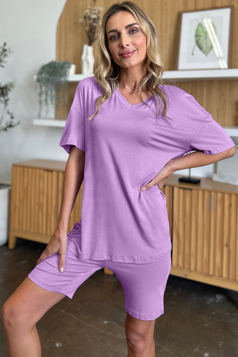 Bamboo V-Neck Drop Shoulder T-Shirt and Shorts Set