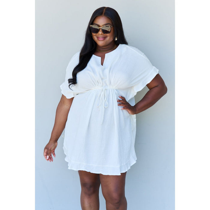 Ruffle Hem Dress with Drawstring Waistband in White