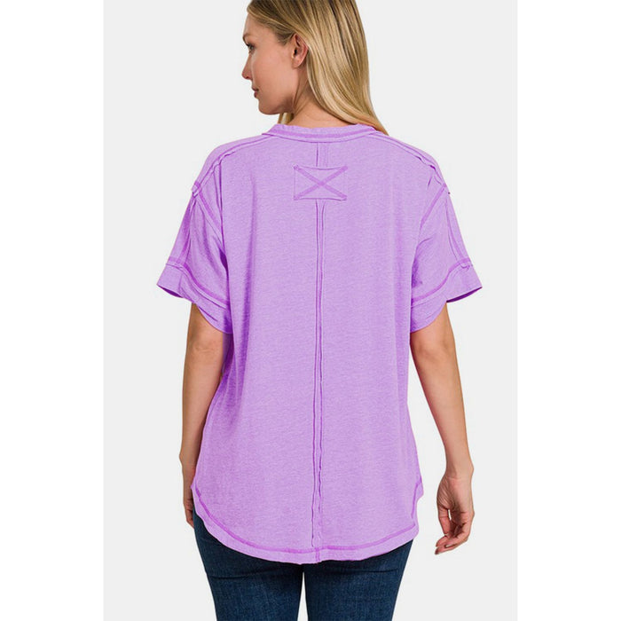 Zenana Exposed Seam Half Button Short Sleeve Top