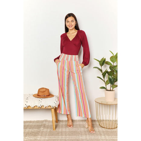 Double Take Striped Smocked Waist Pants with Pockets