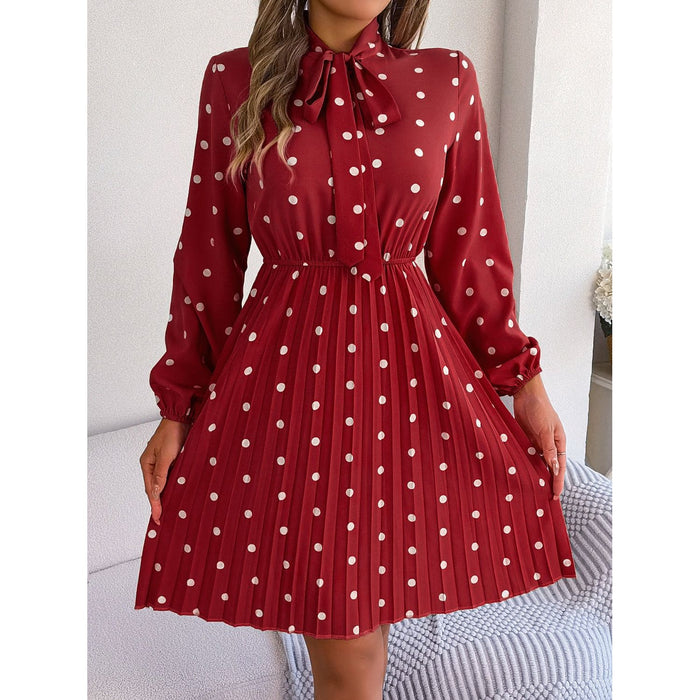 Polka Dot Tie Neck Pleated Dress