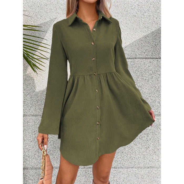 Button Up Collared Neck Long Sleeve Dress