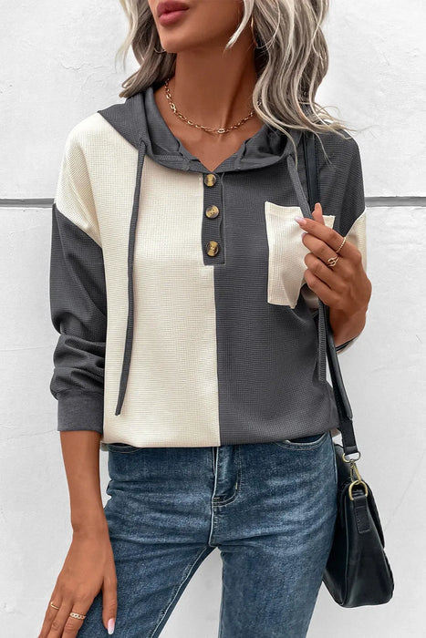 Drawstring Quarter Button Contrast Long Sleeve Hoodie