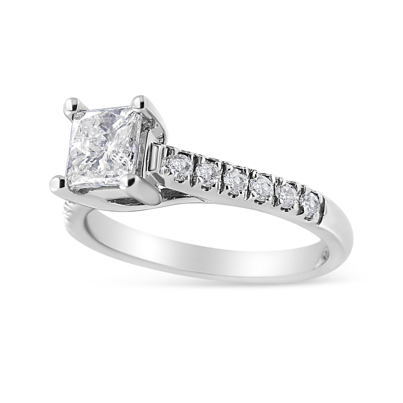 Bids.com 14K White Gold 1 1/5 Cttw 4-Prong Set Princess Diamond Classic Engagement Ring (I1-I2 Color, H-I Clarity) Ring Size 7 Rings