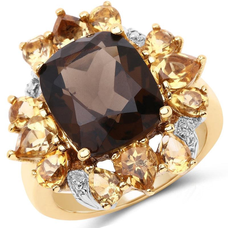 Bids.com 14K Yellow Gold Plated 7.10 Carat Genuine Smoky Quartz, Citrine & White Topaz Brass Ring Rings