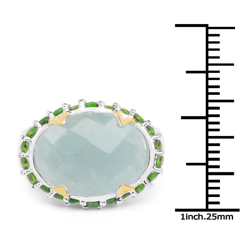 Bids.com Two Tone Plated 9.12 Carat Genuine Milky Aquamarine and Chrome Diopside .925 Sterling Silver Ring Rings