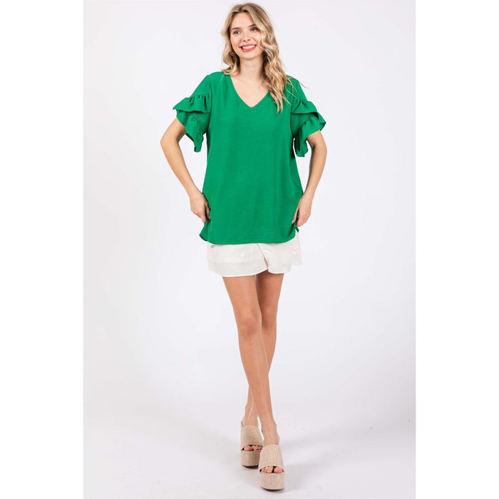 GeeGee Ruffled Short Sleeve V-Neck Blouse