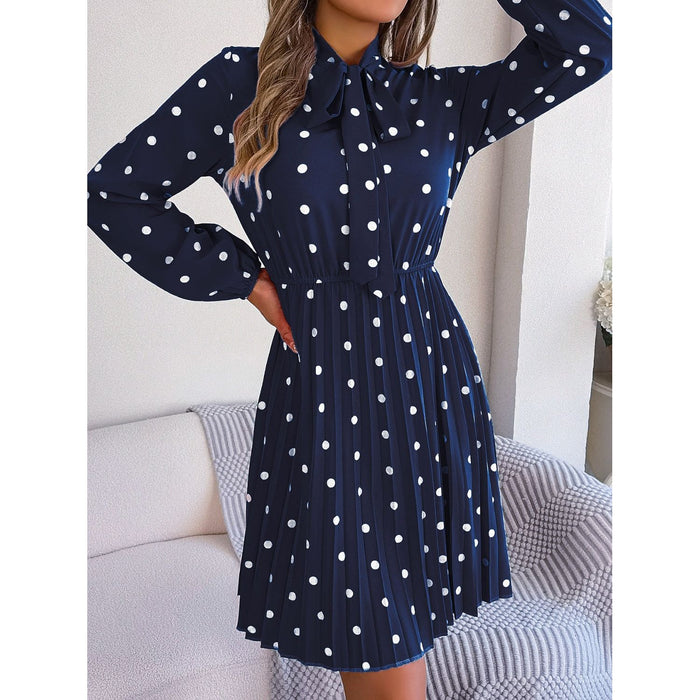 Polka Dot Tie Neck Pleated Dress