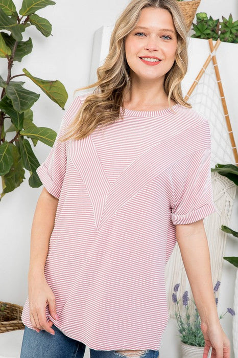 Plus Two Tone Rib Stripe Basic Top