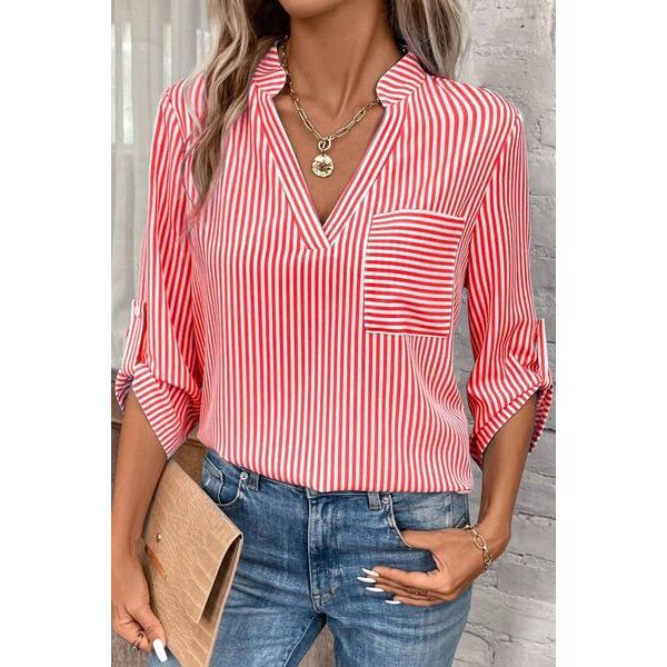 Striped Notched Roll-Tab Sleeve Shirt