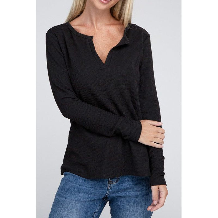 Melange Baby Waffle V-Neck Long Sleeve Top