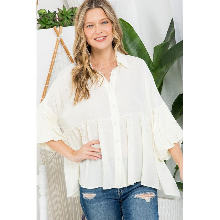 Plus Solid Button Down Blouse