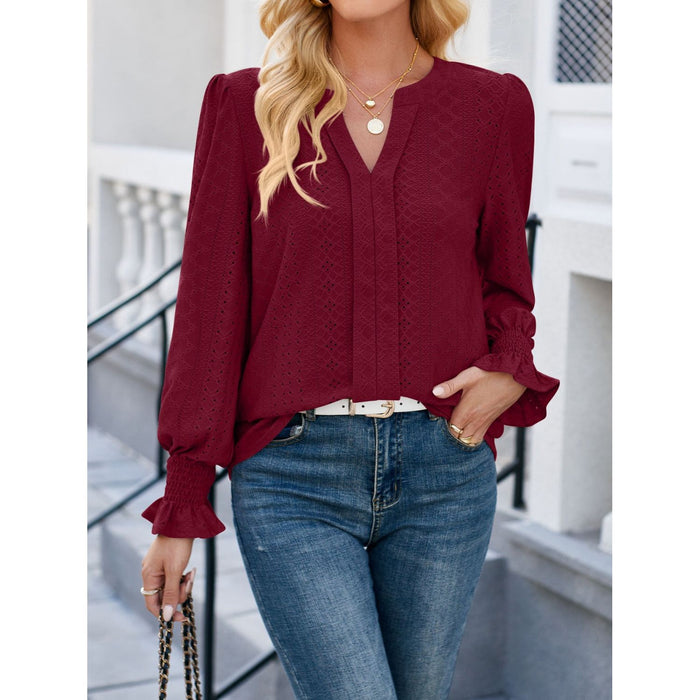 Eyelet Notched Flounce Sleeve Blouse