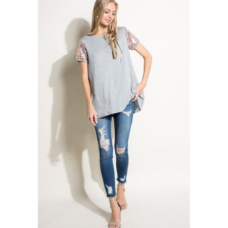 SOLID JERSEY SEQUINCE SLEEVE TOP