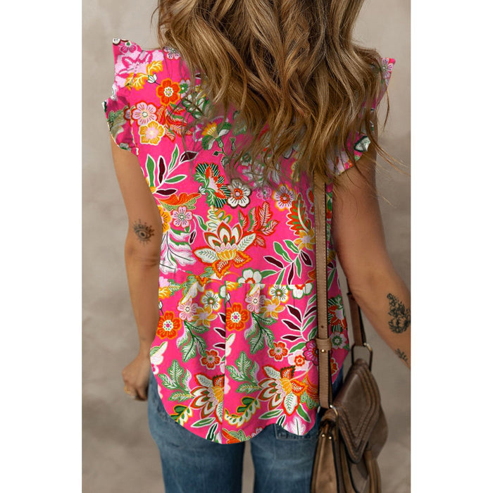 Ruffled Printed Surplice Cap Sleeve Blouse