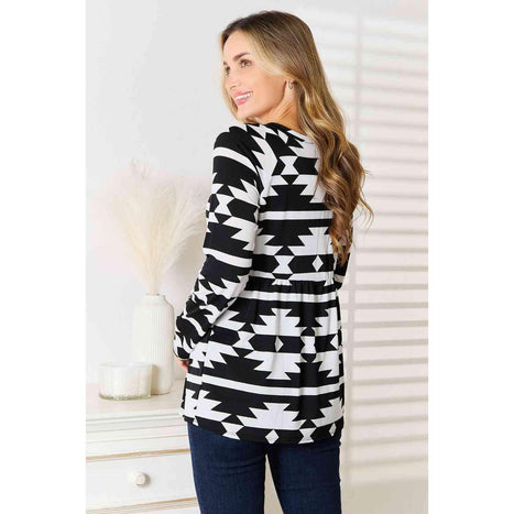 Heimish Geometric Notched Neck Long Sleeve Top