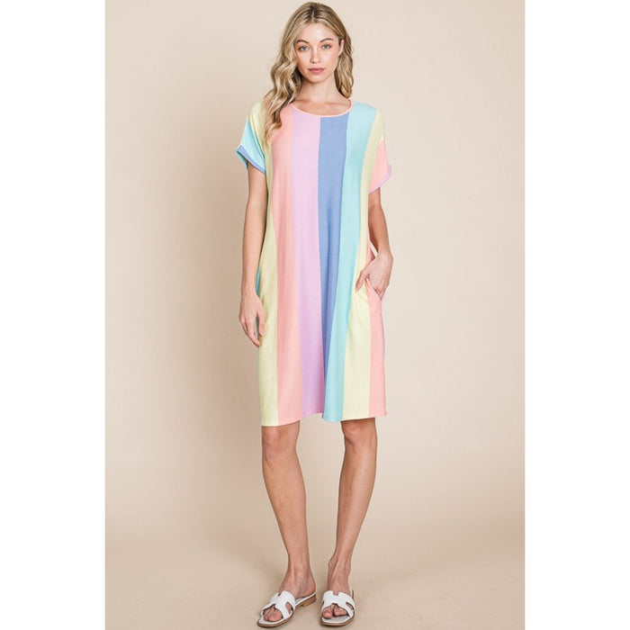 BOMBOM Striped Short Sleeve Dress with Pockets