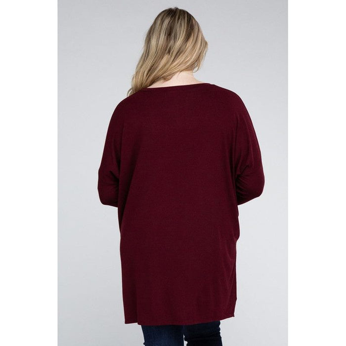 Plus Dolman Sleeve V-Neck Side Slit Hi-Low Hem Top